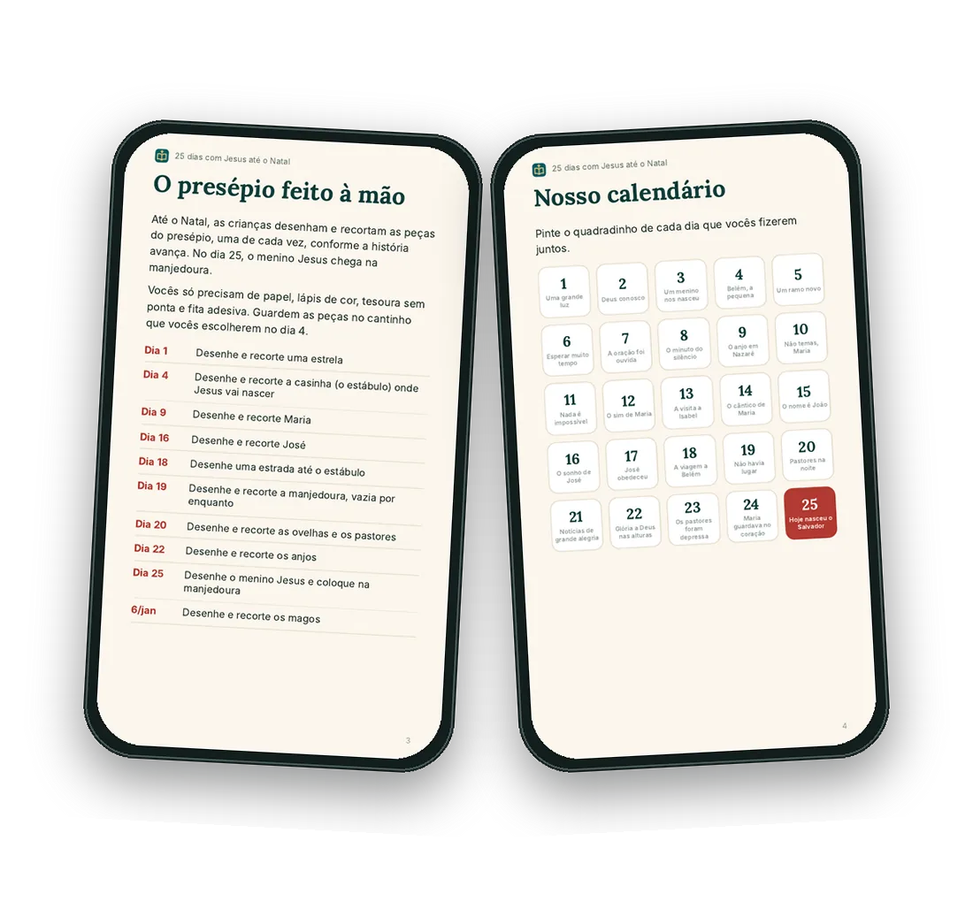 A página do presépio feito à mão, com a peça de cada dia, e o calendário de 25 quadradinhos para pintar.
