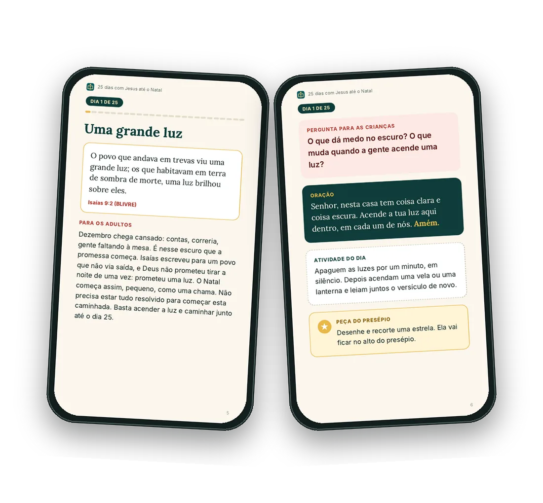 As duas páginas do dia 1: o trecho de Isaías 9:2, o texto para os adultos, a pergunta para as crianças, a oração e a atividade do dia.
